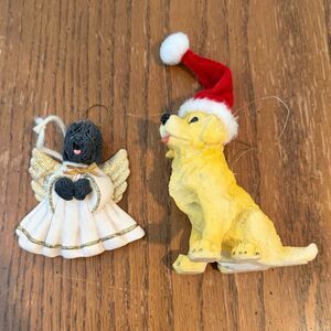Vintage Christmas Ornaments Cecile Black Angel Dog & Golden Retriever Santa Hat